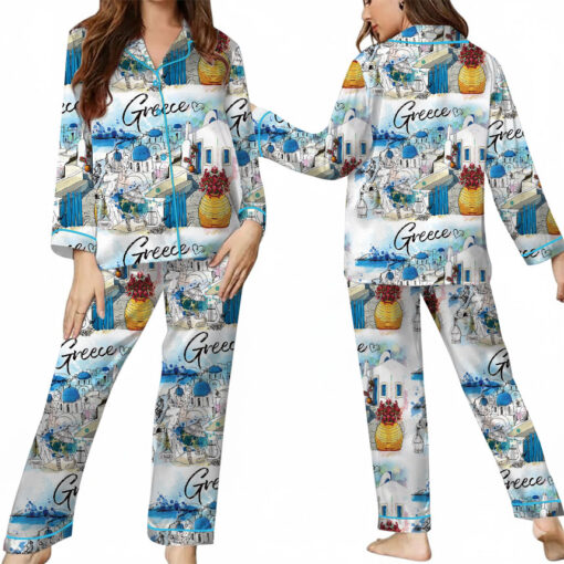 Women's Europe Travel Greece Pajamas Set For Women, White Color, US Size S-5XL - Image 8