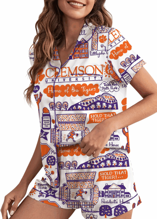 Clemson Tigers Hand Sketched Satin Pajamas Set For Women - Image 2