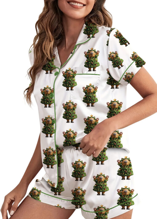 Cute Capybara Christmas Satin Pajamas Set For Women