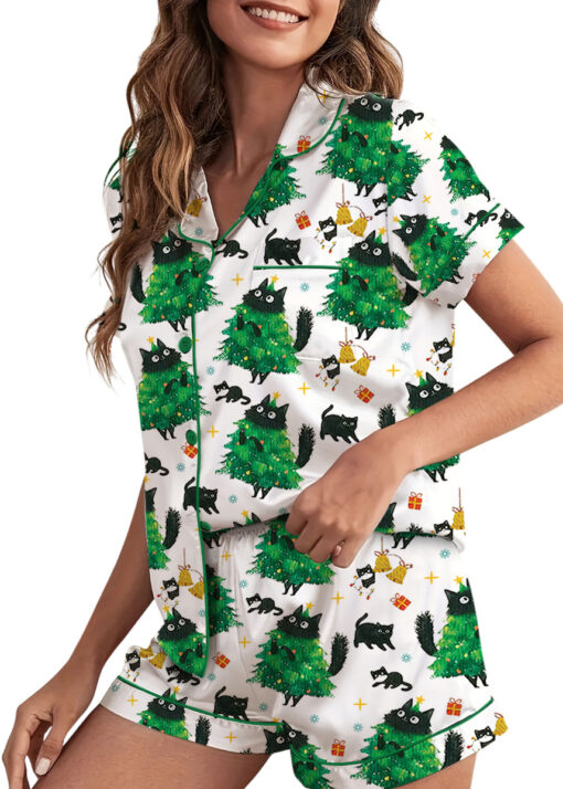 Merry Christmas Tree Black Cat Satin Pajamas Set For Women