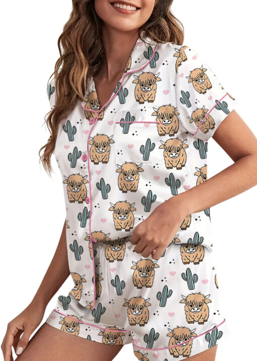 Women’s Western Cow Cactus Satin Pajama Set For Women