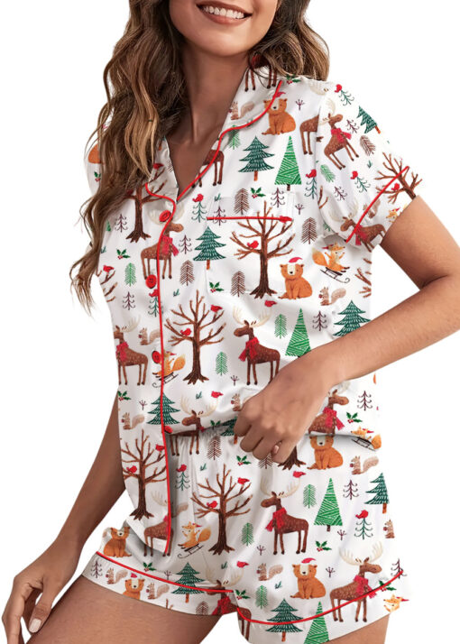 Christmas Forest Animals Satin Pajamas Set For Women