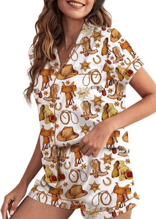 Western Cowboy Print Sleepwear Satin Pajamas Set For Women - Image 2