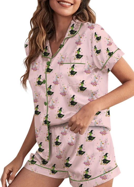 Green And Pink Duck Satin Pajamas Set For Women