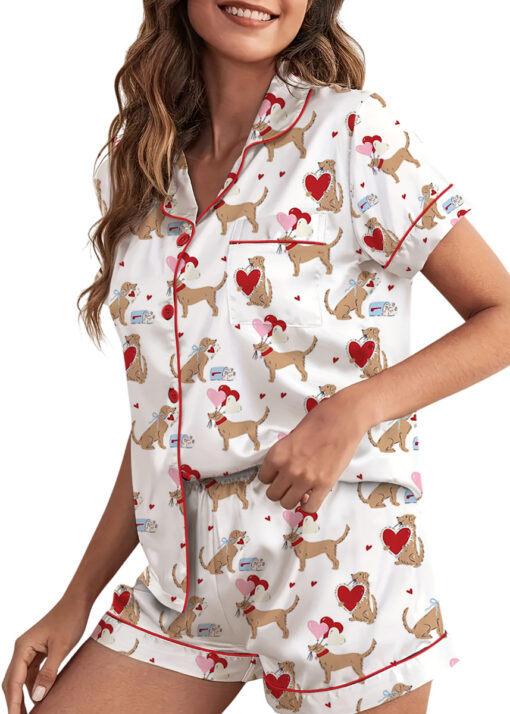 Women’s Puppy Love Valentines Day Dog Lover Dog Mom Satin Pajamas Set - Image 3