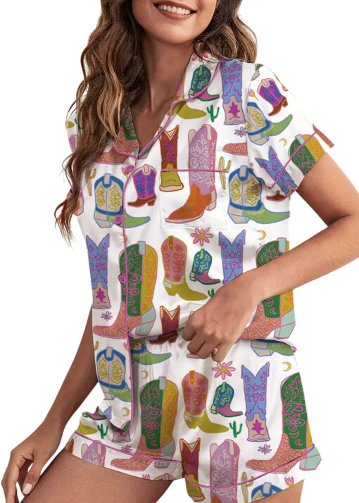 Women’s Boho Cowboy Boots Satin Pajama Set, White Color, US Size S-5XL - Image 5