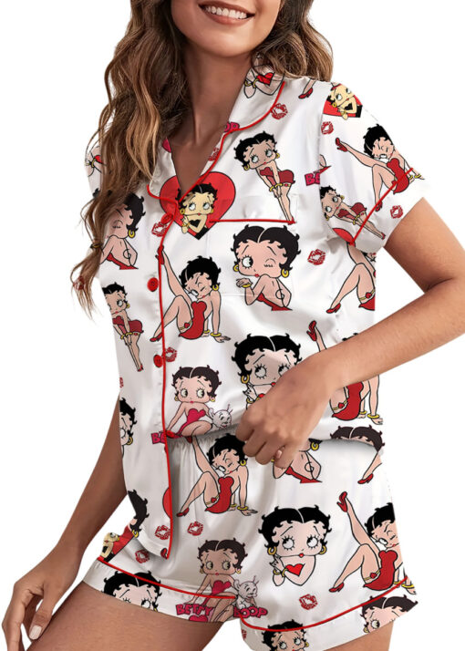 Women’s Betty Boop Satin Pajama Set, White And Red Color, US Size S-5XL - Image 2