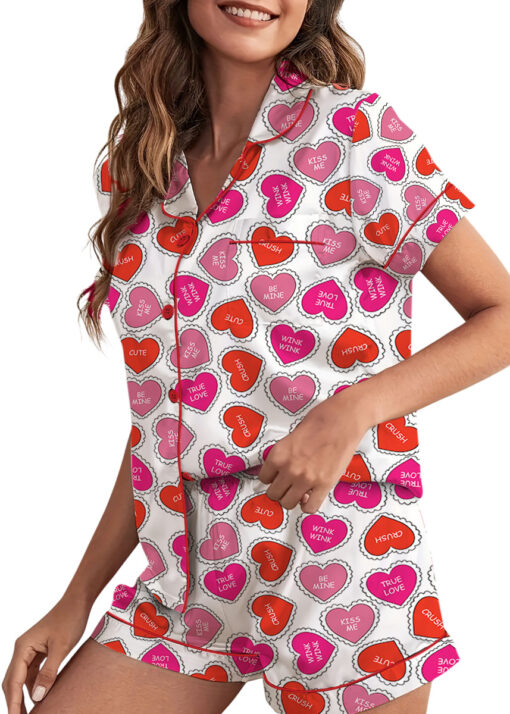 Valentine Day's Heart Shape Satin Pajama Set For Women