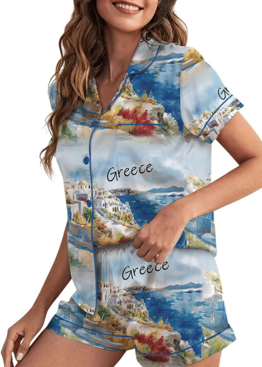 Women's Europe Travel Greece Pajamas Set For Women, Pastel Blue Color, US Size S-5XL - Image 2