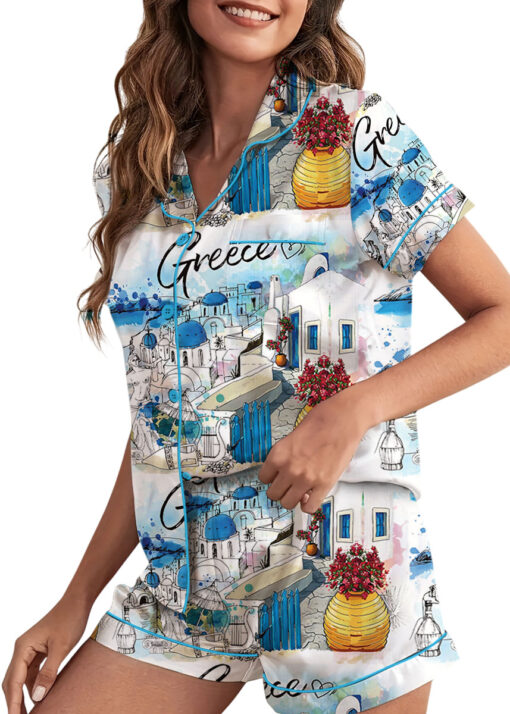 Women's Europe Travel Greece Pajamas Set For Women, White Color, US Size S-5XL - Image 2