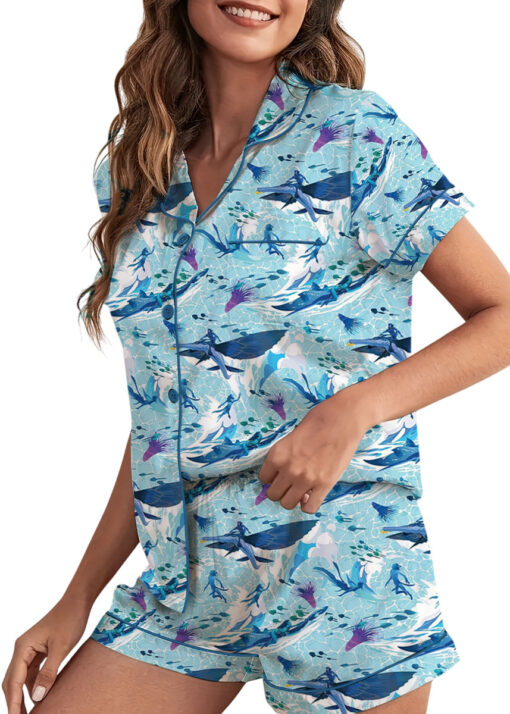 Women’s Avatar The Way Of Water Satin Pajamas Set For Women, Light Blue Color, US Size S-5XL - Image 3