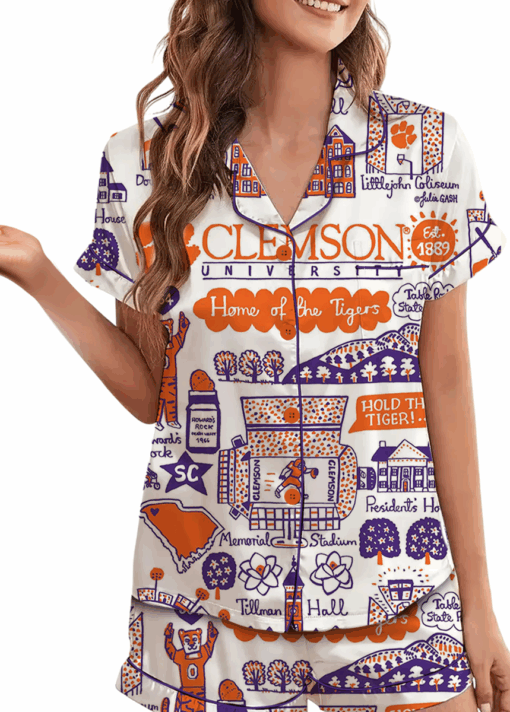 Clemson Tigers Hand Sketched Satin Pajamas Set For Women - Image 4