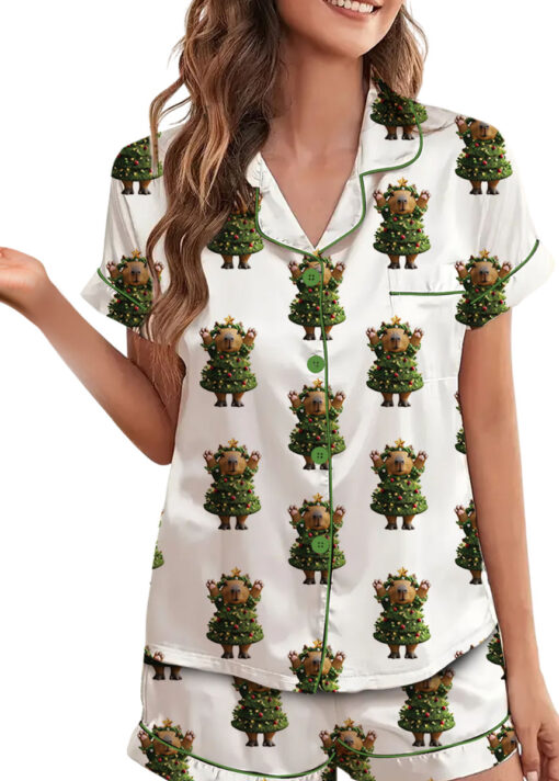 Cute Capybara Christmas Satin Pajamas Set For Women