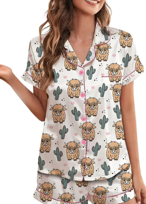 Women’s Western Cow Cactus Satin Pajama Set For Women