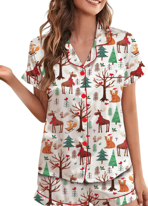 Christmas Forest Animals Satin Pajamas Set For Women