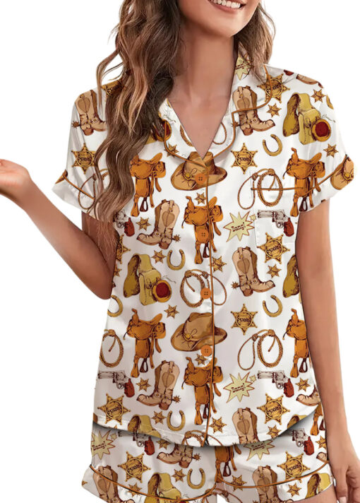Western Cowboy Print Sleepwear Satin Pajamas Set For Women - Image 4