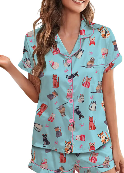 Cute Katzen Satin Pajamas Set For Women - Image 4