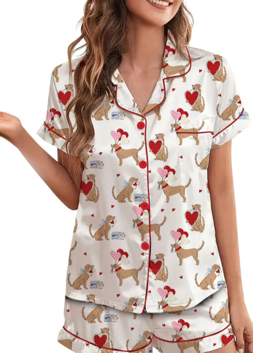 Women’s Puppy Love Valentines Day Dog Lover Dog Mom Satin Pajamas Set - Image 2