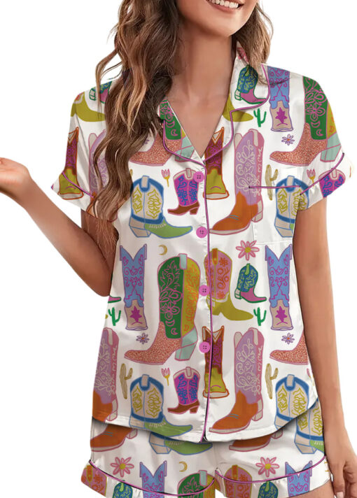 Women’s Boho Cowboy Boots Satin Pajama Set, White Color, US Size S-5XL - Image 3