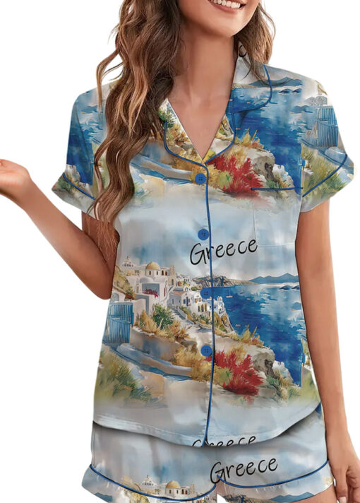 Women's Europe Travel Greece Pajamas Set For Women, Pastel Blue Color, US Size S-5XL - Image 4
