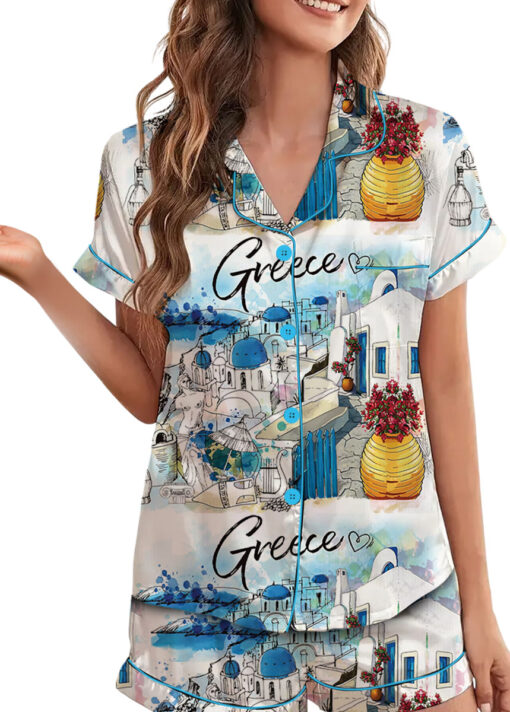 Women's Europe Travel Greece Pajamas Set For Women, White Color, US Size S-5XL - Image 4