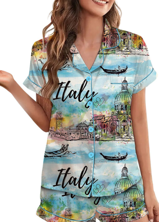 Women's Italy Souvenirs Travel Essentials Pajamas Set For Women, Pastel Blue Color, US Size S-5XL - Image 4