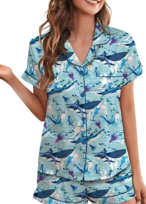 Women’s Avatar The Way Of Water Satin Pajamas Set For Women, Light Blue Color, US Size S-5XL - Image 4