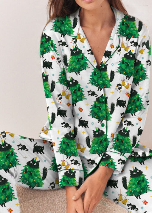Merry Christmas Tree Black Cat Satin Pajamas Set For Women