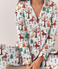 Christmas Forest Animals Satin Pajamas Set For Women