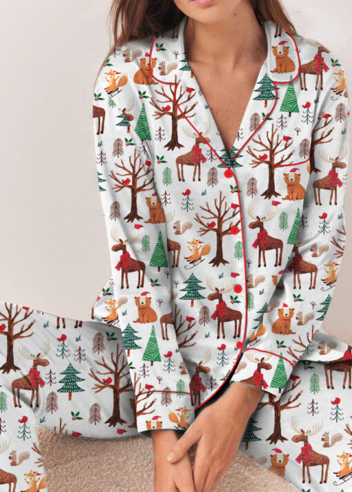 Christmas Forest Animals Satin Pajamas Set For Women