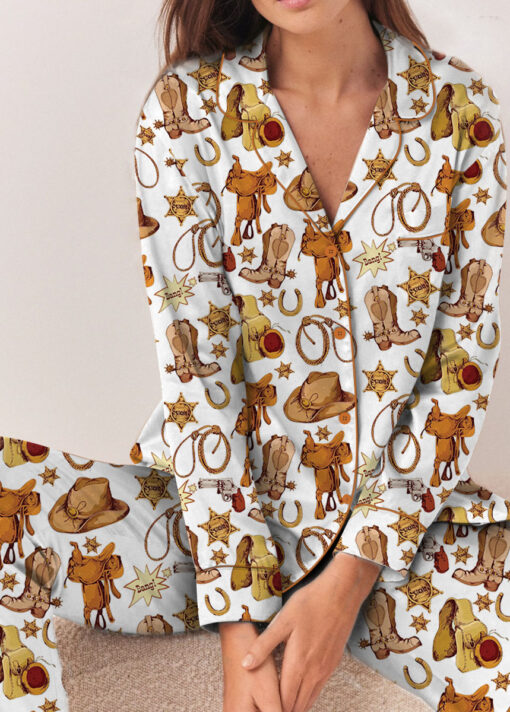 Western Cowboy Print Sleepwear Satin Pajamas Set For Women - Image 9