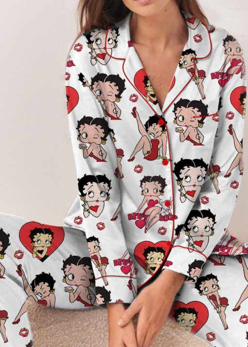 Women’s Betty Boop Satin Pajama Set, White And Red Color, US Size S-5XL - Image 9