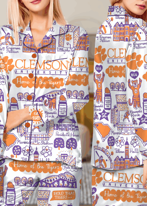 Clemson Tigers Hand Sketched Satin Pajamas Set For Women - Image 7