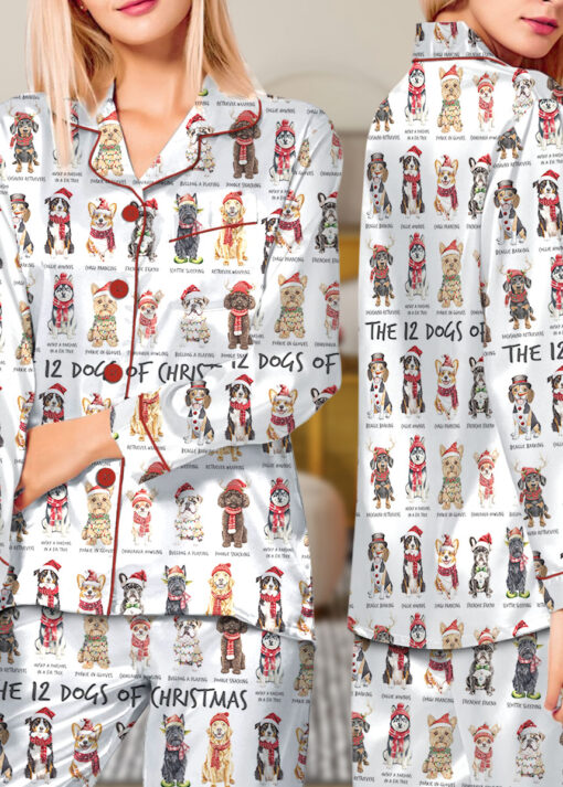 The 12 Dogs Of Christmas Satin Pajamas Set For Women
