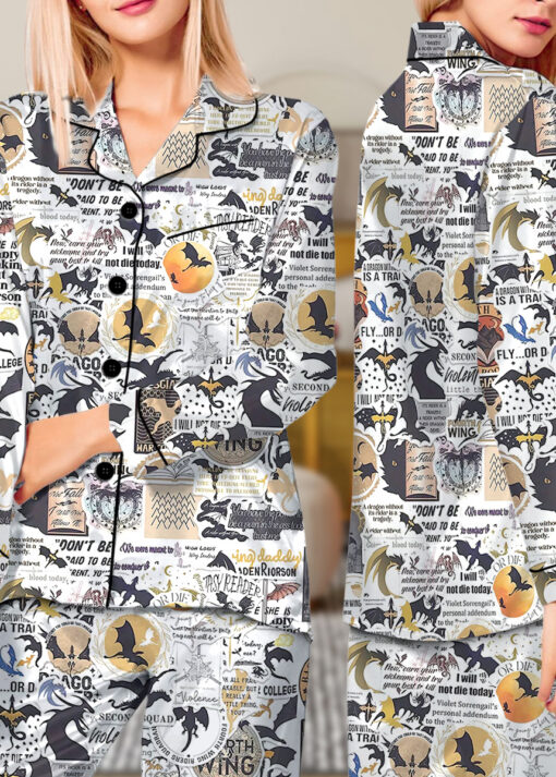 Women’s Fourth Wing Empyrean Satin Pajama Set, White Color, US Size S-5XL - Image 9