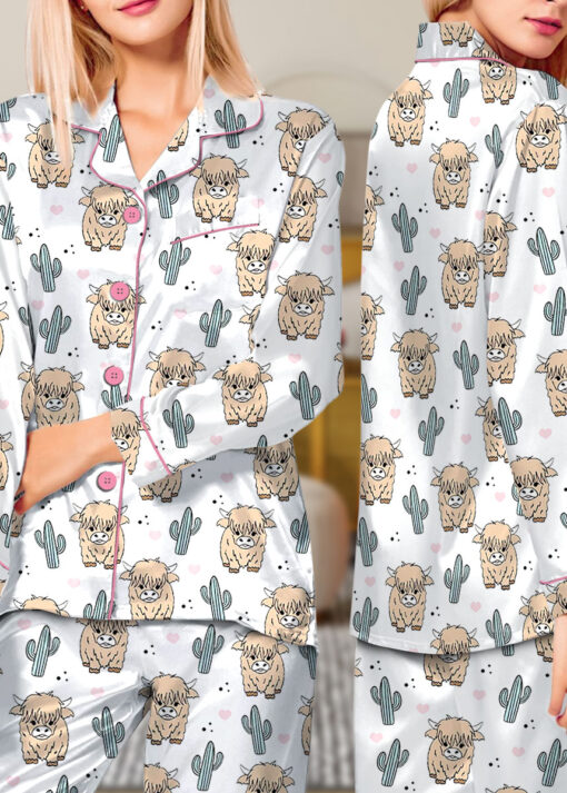 Women’s Western Cow Cactus Satin Pajama Set For Women