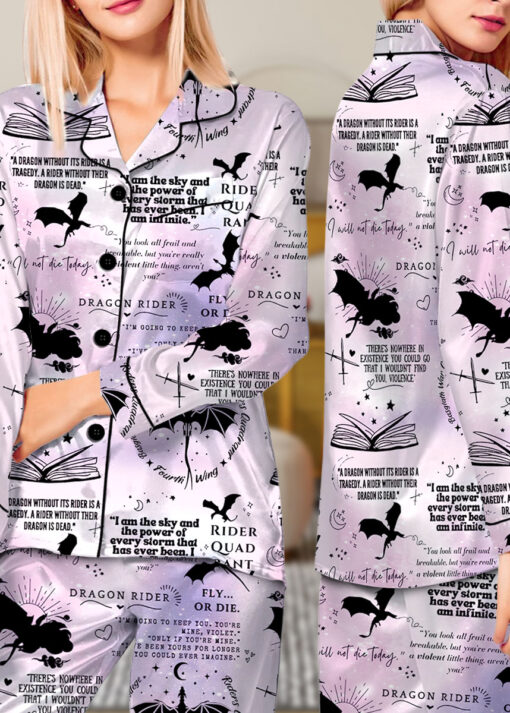 Women’s Fantasy Bookish Satin Pajama Set, Pastel Lilac Pink, US Size S-5XL - Image 11