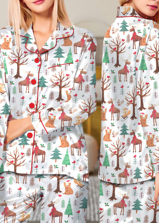 Christmas Forest Animals Satin Pajamas Set For Women