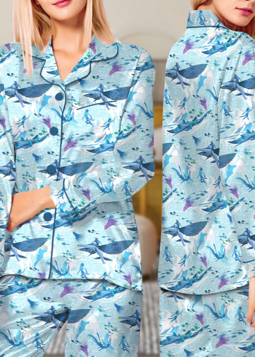Women’s Avatar The Way Of Water Satin Pajamas Set For Women, Light Blue Color, US Size S-5XL - Image 11