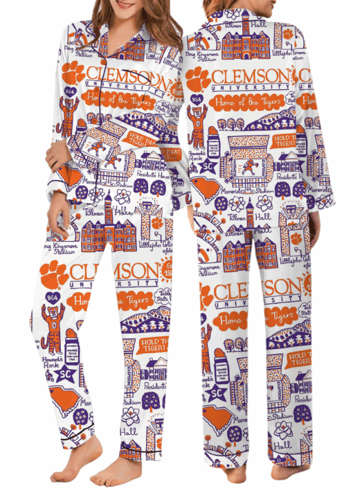 Clemson Tigers Hand Sketched Satin Pajamas Set For Women - Image 8