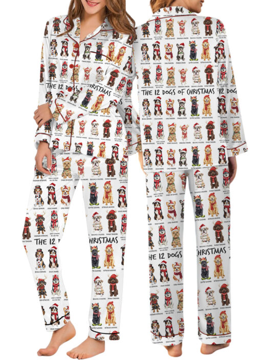 The 12 Dogs Of Christmas Satin Pajamas Set For Women