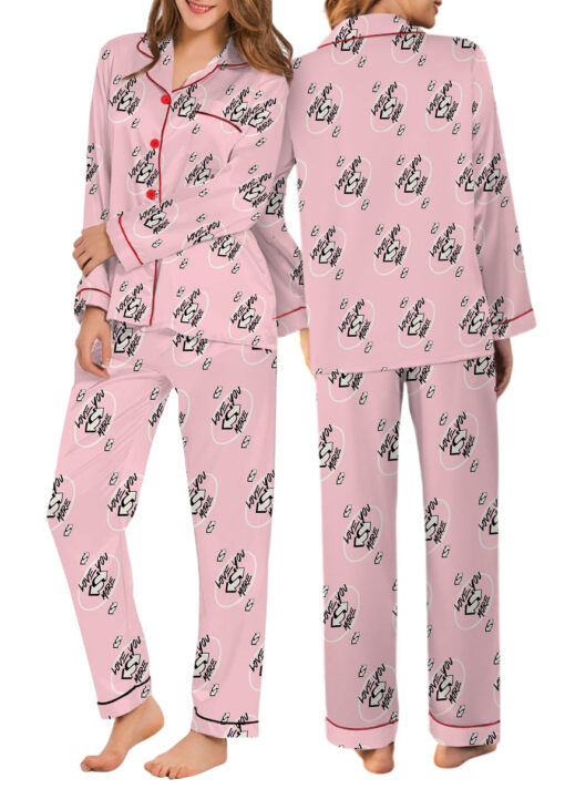 Love You More Pink Color Satin Pajama Set For Women
