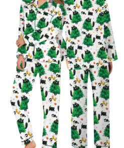 Merry Christmas Tree Black Cat Satin Pajamas Set For Women