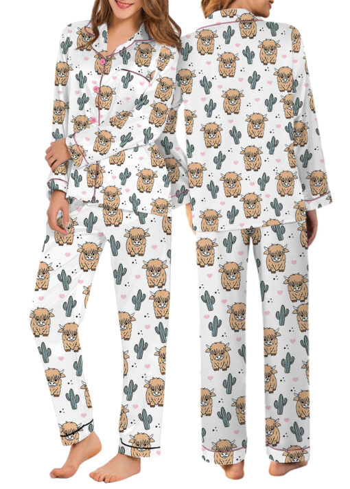 Women’s Western Cow Cactus Satin Pajama Set For Women