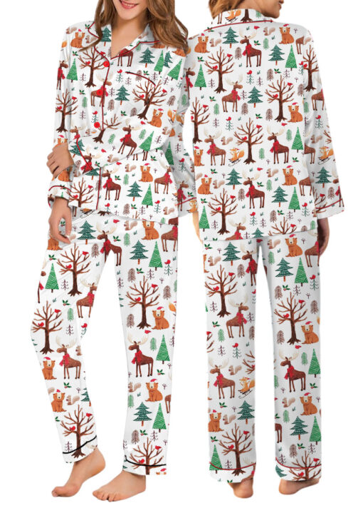 Christmas Forest Animals Satin Pajamas Set For Women