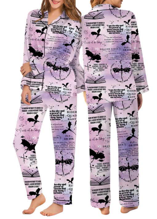 Women’s Fantasy Bookish Satin Pajama Set, Pastel Lilac Pink, US Size S-5XL - Image 10