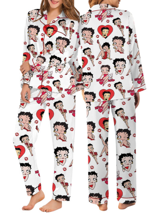 Women’s Betty Boop Satin Pajama Set, White And Red Color, US Size S-5XL - Image 12