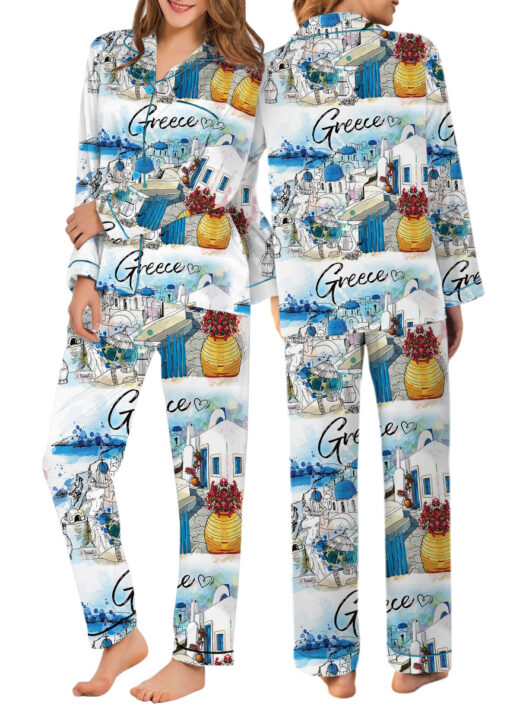 Women's Europe Travel Greece Pajamas Set For Women, White Color, US Size S-5XL - Image 11