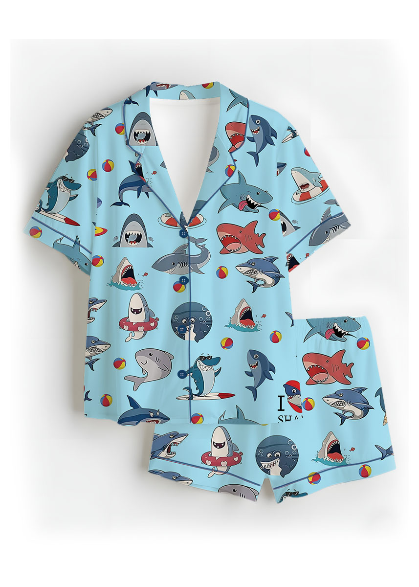 I Love Sharks Silky Satin Pajamas Set For Women