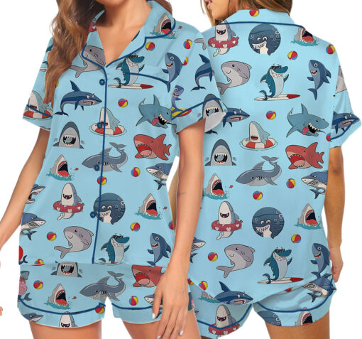 I Love Sharks Silky Satin Pajamas Set For Women